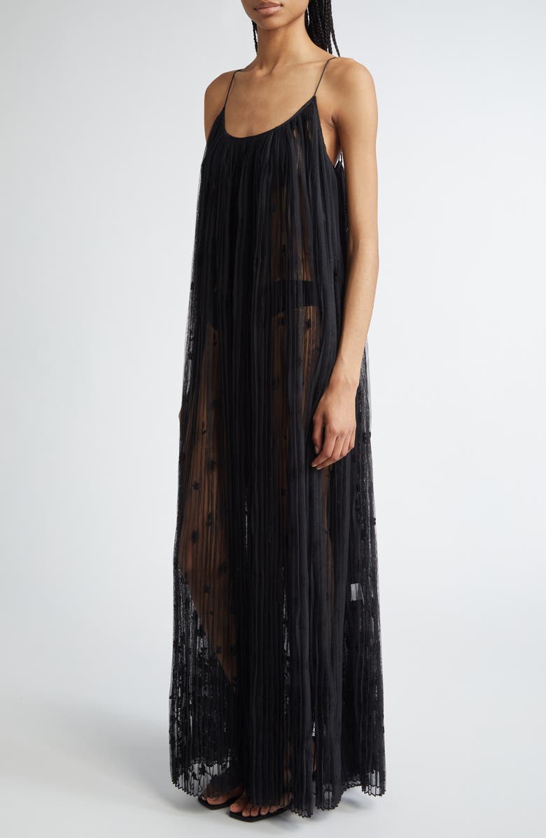 TOTEME Floral Plissé Tulle Maxi Dress, Alternate, color, Black