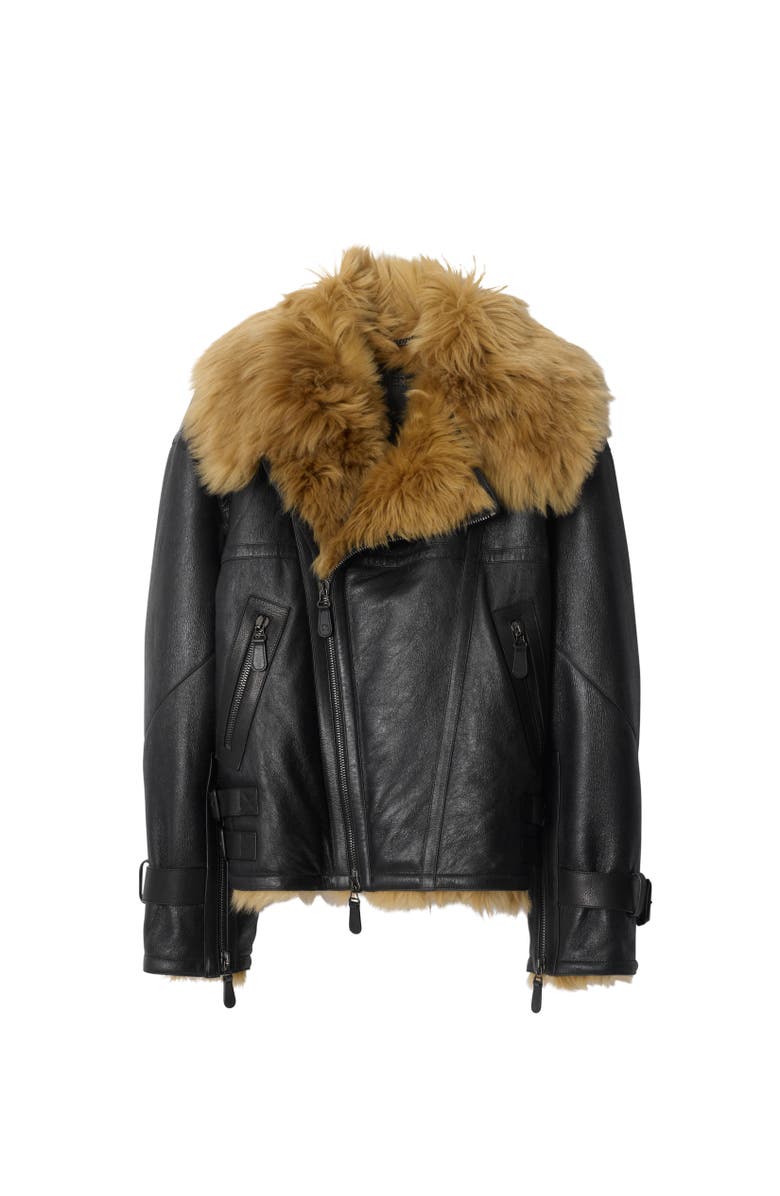 Burberry Cropped Shearling Aviator Jacket, Alternate, color, Black