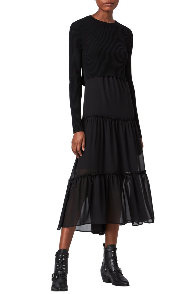 Tilly 2-in-1 Tiered Slipdress & Crop Merino Wool Sweater, Main, color, BLACK