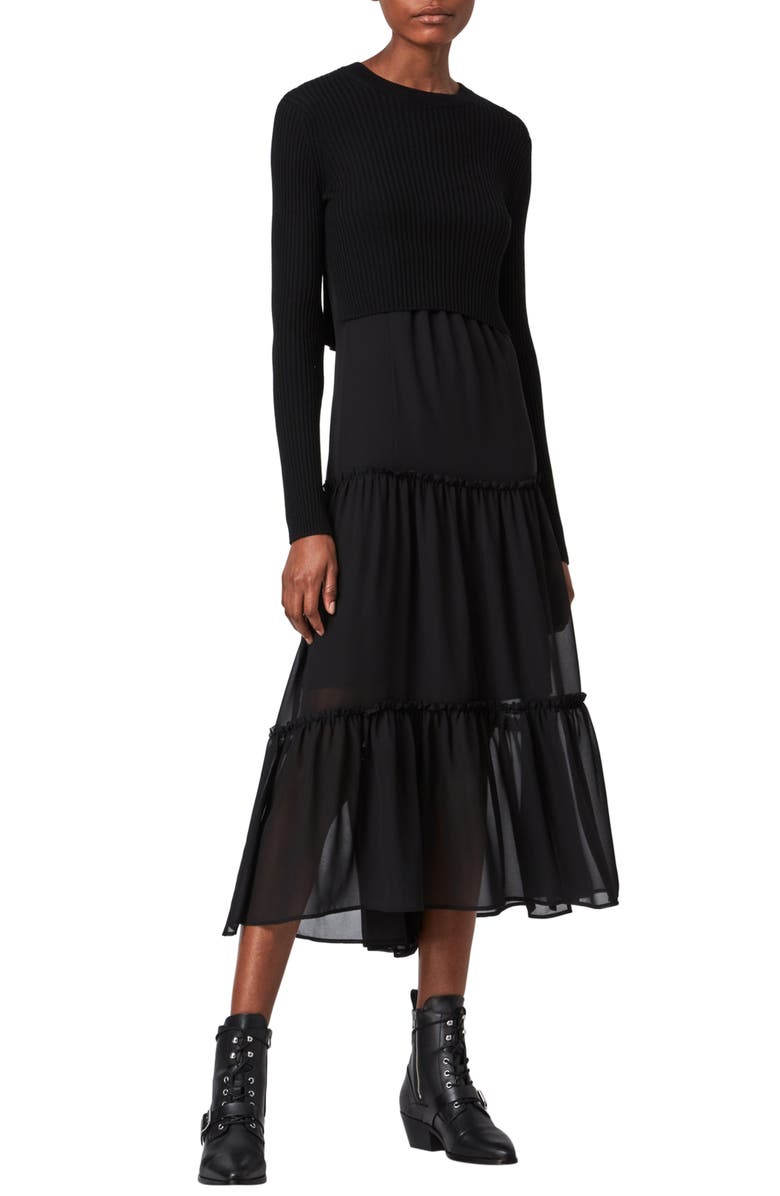 AllSaints Tilly 2-in-1 Tiered Slipdress & Crop Merino Wool Sweater, Main, color,