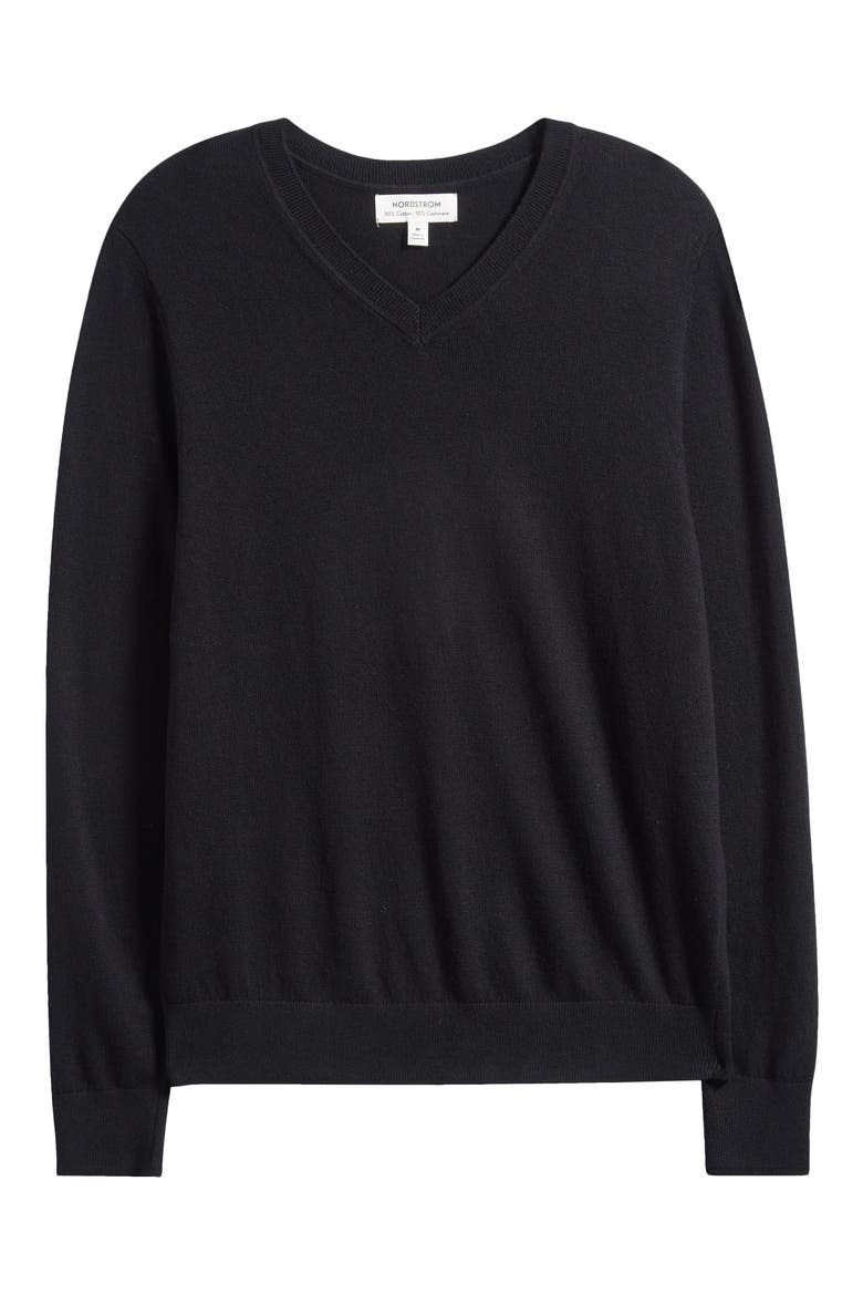 Cotton & Cashmere V-Neck Sweater, Alternate, color, BLACK CAVIAR