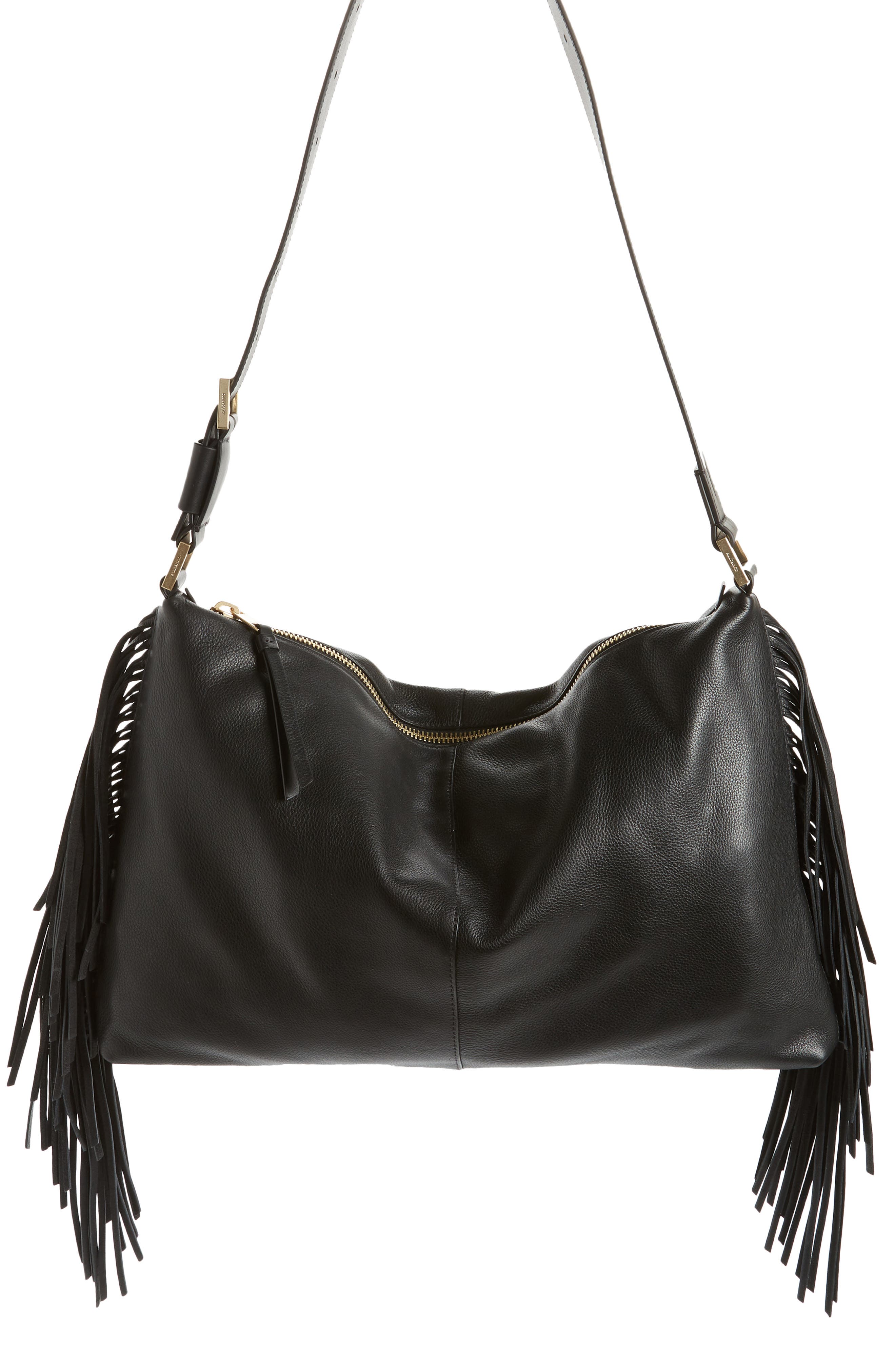 AllSaints Edbury Fringe Leather Shoulder Bag, Main, color, 
