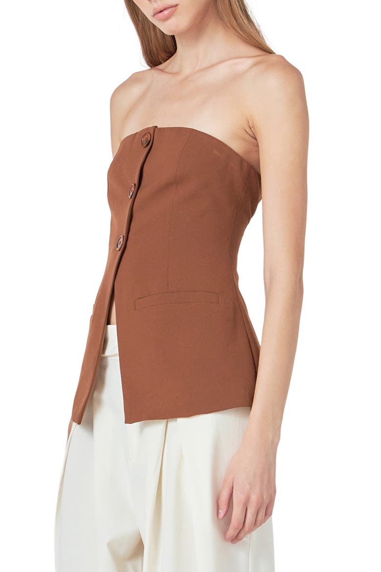 Button Strapless Top, Alternate, color, BROWN