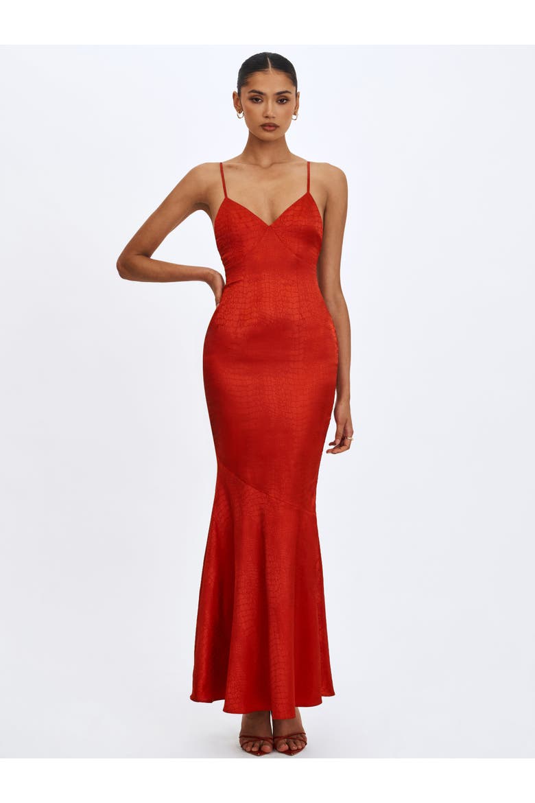 Kelsey Croc-Embossed Flared Hem Maxi Dress with Scarf, Alternate, color, Scarlet