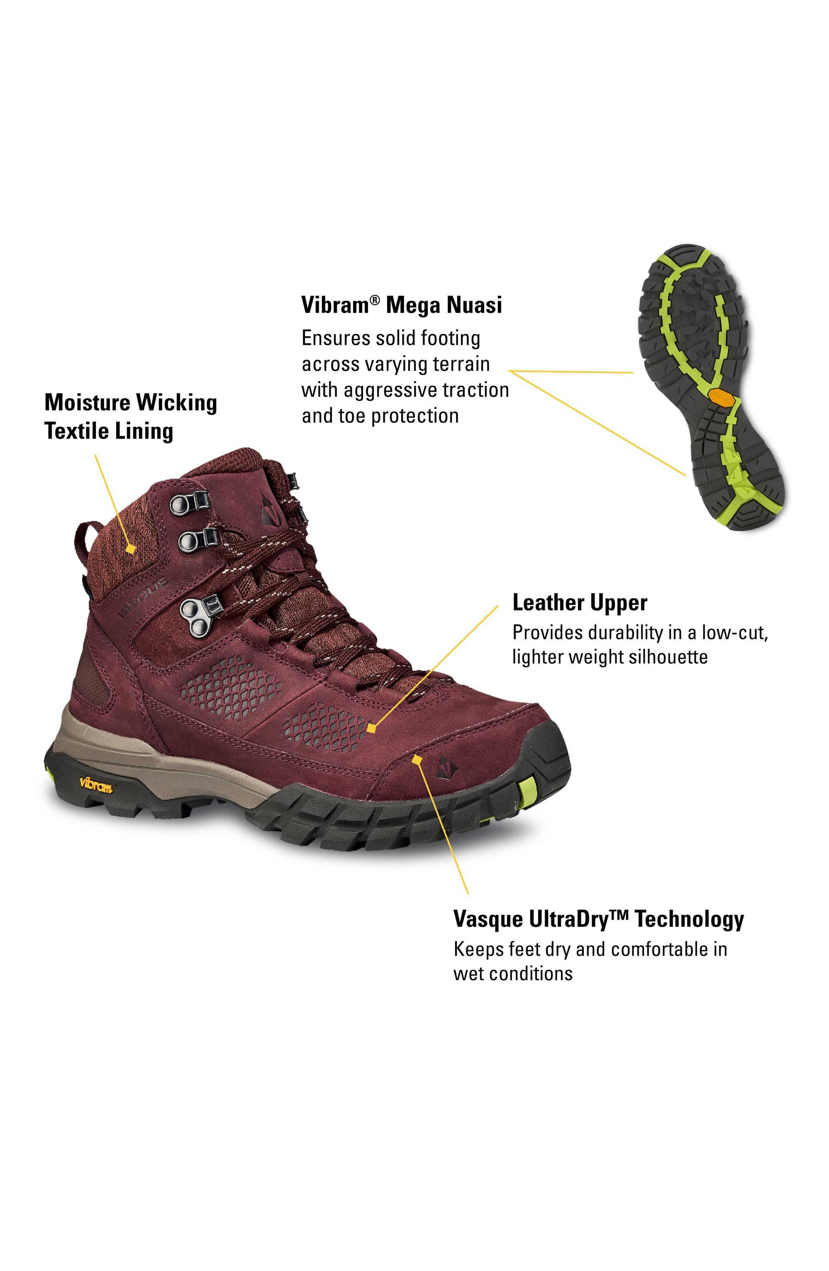 Vasque Talus All Terrain UltraDry<sup>™</sup> Waterproof Hiking Boot, Alternate, color, Rum Raisin/ Green Glow