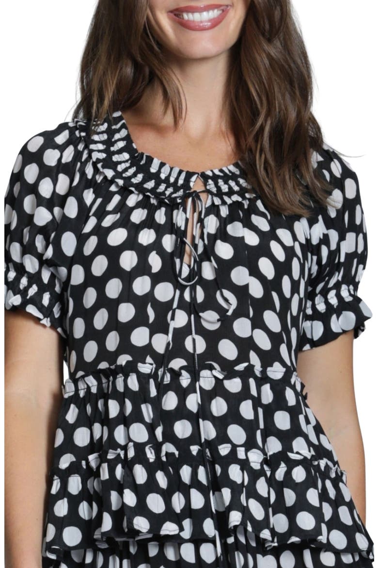 Tiered Ruched Tie Neck Top, Main, color, BLACKWHITE