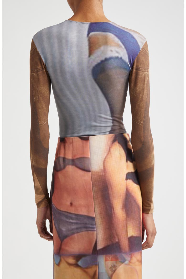 Ribbon Trompe l'Oeil Long Sleeve Jersey Bodysuit, Alternate, color, BROWN MULTI