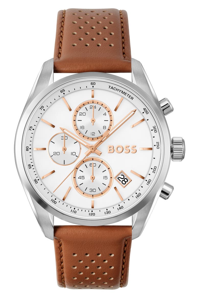 Grand Prix Chronograph Leather Strap Watch, 44mm, Main, color, WHITE