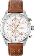BOSS Grand Prix Chronograph Leather Strap Watch, 44mm