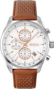 BOSS Grand Prix Chronograph Leather Strap Watch, 44mm