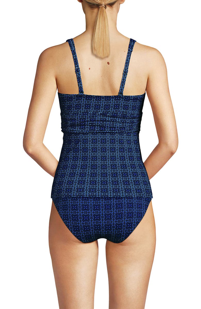 Lands' End Chlorine Resistant Plunge X-Back Tankini Swimsuit Top, Alternate, color, Navy Mosaic Mini Tile