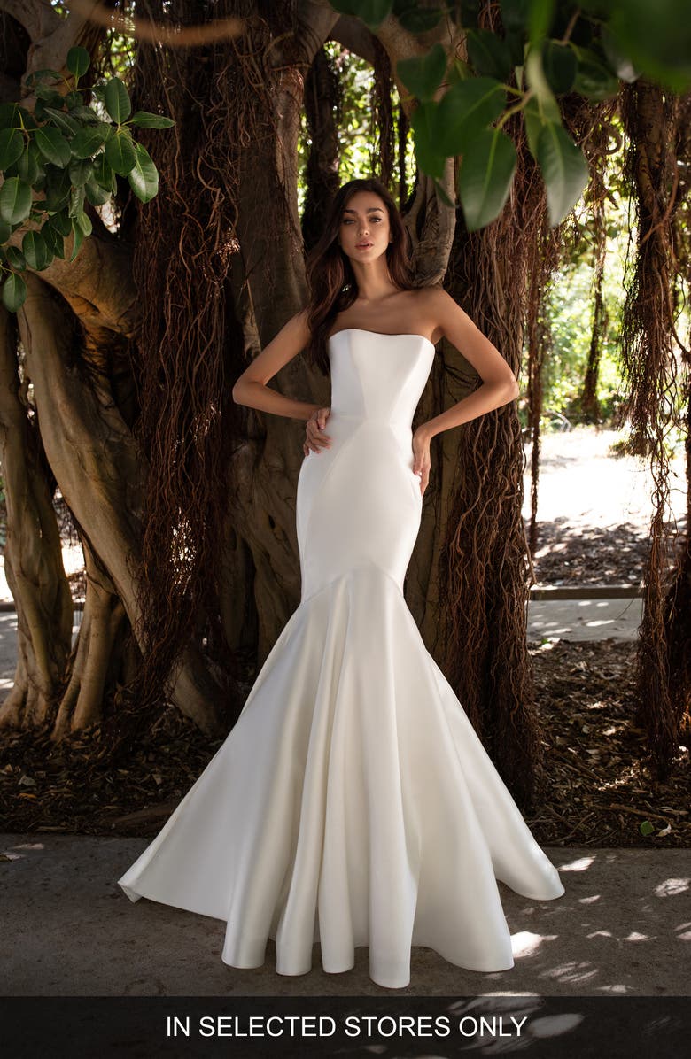 Pronovias Oberon Strapless Mikado Mermaid Wedding Dress, Main, color, 
