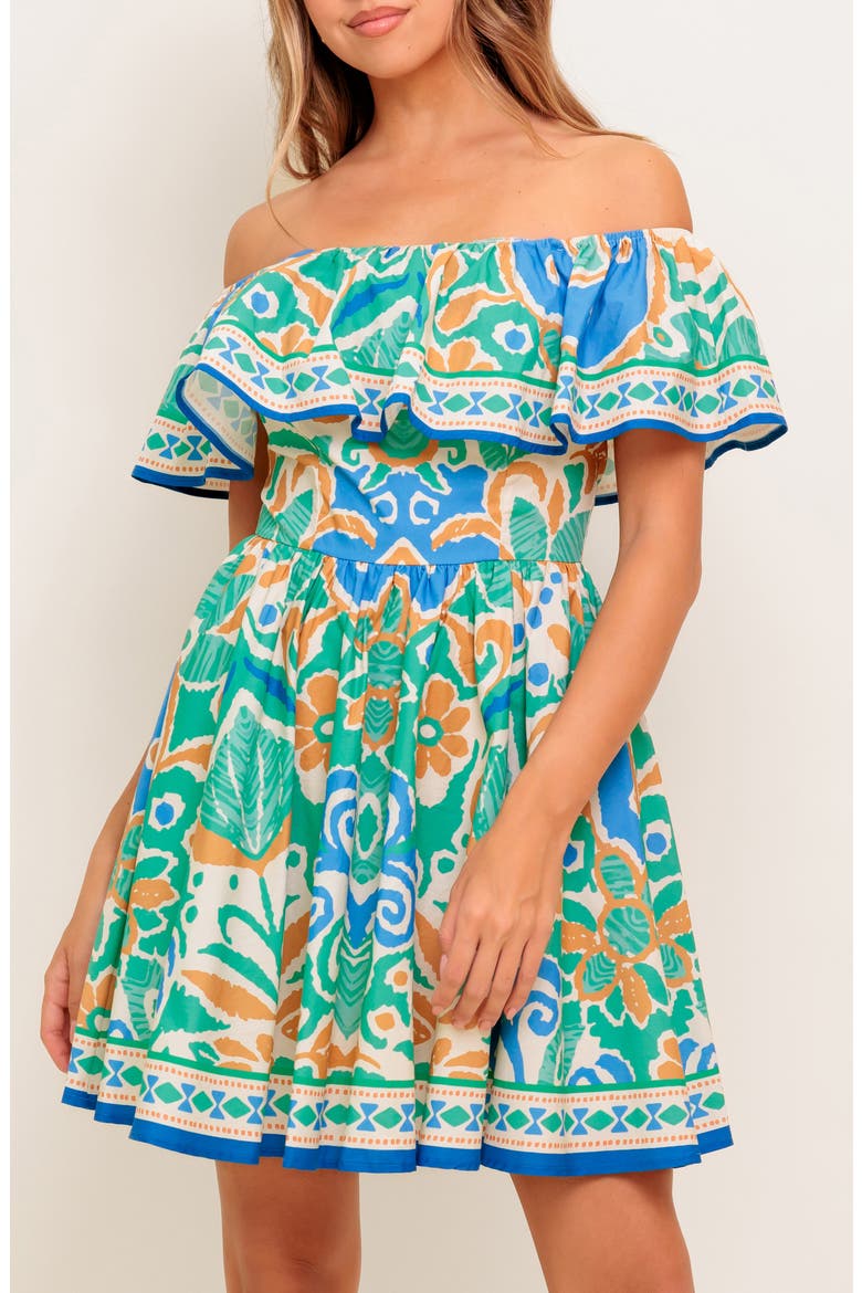 Off-the-Shoulder Print Mini Dress, Alternate, color, SAGE BLUE