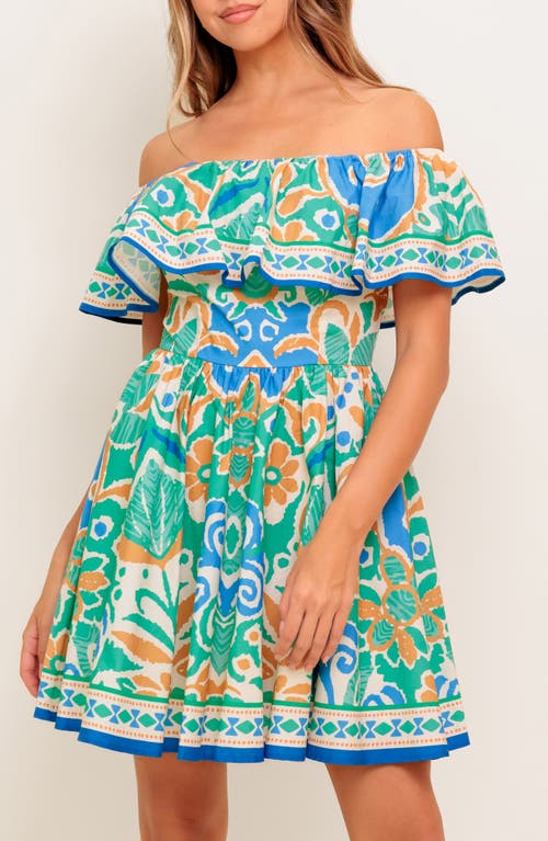 Flying Tomato Off-the-shoulder Print Mini Dress In Blue