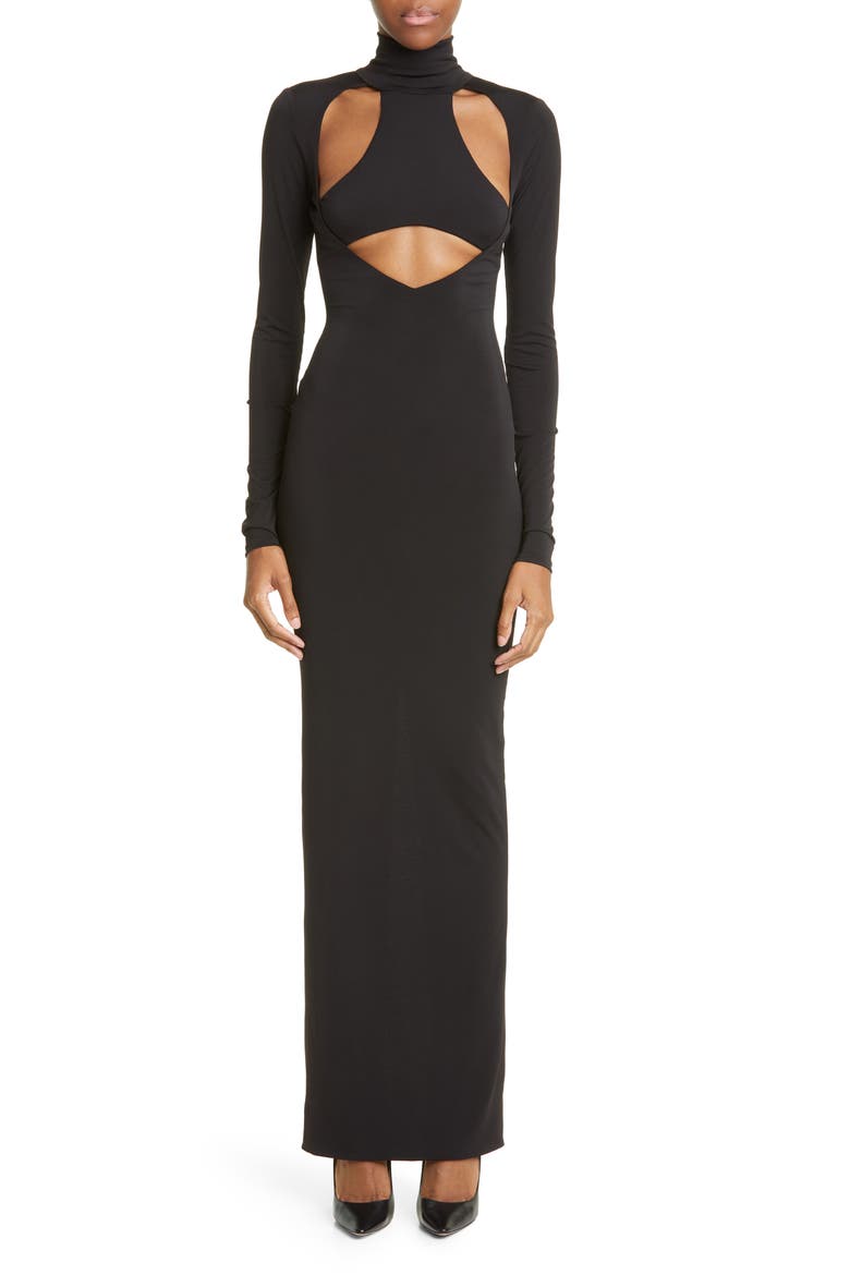 Cutout Mock Neck Stretch Jersey Gown, Main, color, BLACK