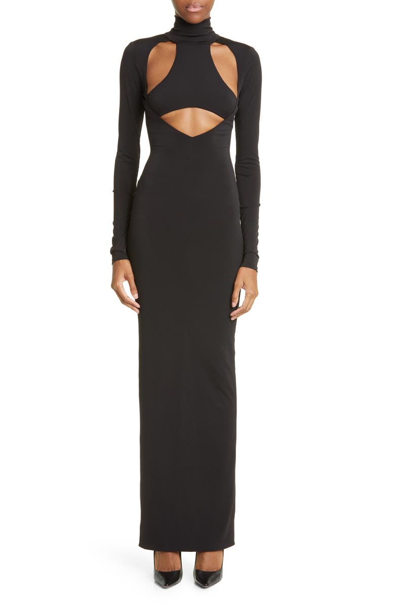 LaQuan Smith Cutout Mock Neck Stretch Jersey Gown, Main, color,