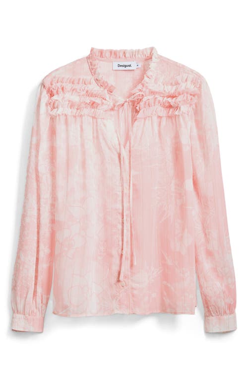 Desigual Ruffle Metallic Tie Neck Top In Pink