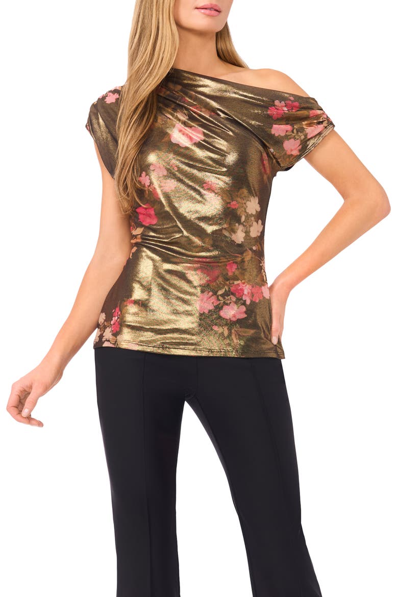 Elyse Metallic Floral One-Shoulder Top, Main, color, RED DAHLIA