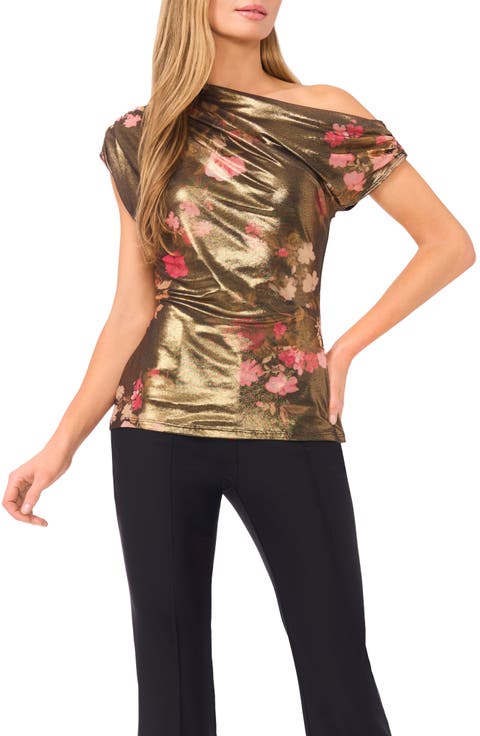 Elyse Metallic Floral One-Shoulder Top