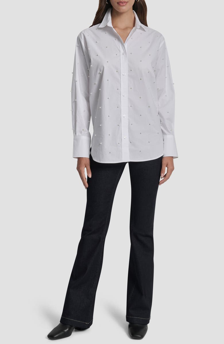 DKNY Jeans Faux Pearl Embellished Button-Up Shirt, Alternate, color, White