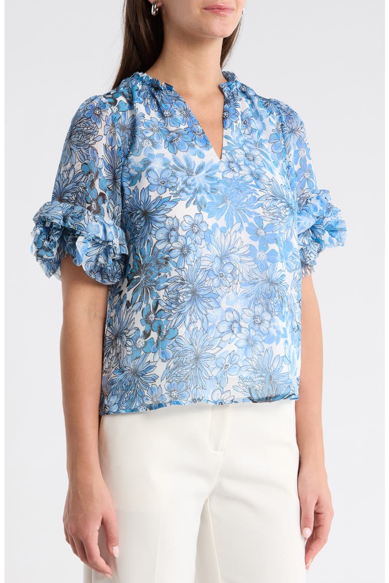 Tierra Floral Ruffle Trim Top, Alternate, color, BLUES