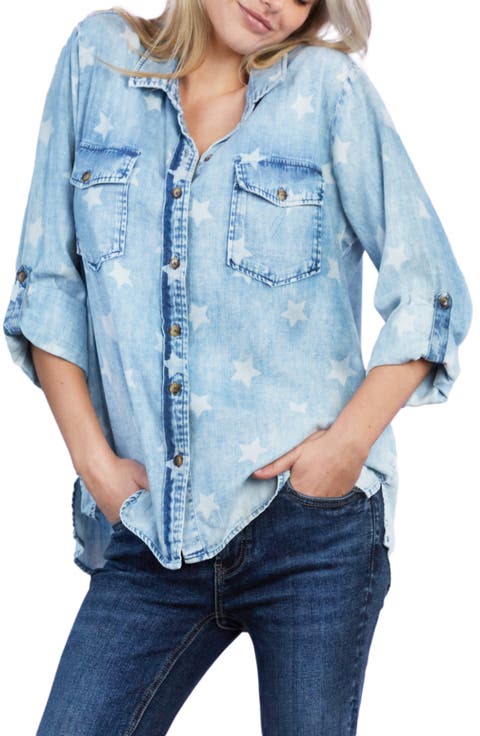 Star Print Denim Button-Up Shirt