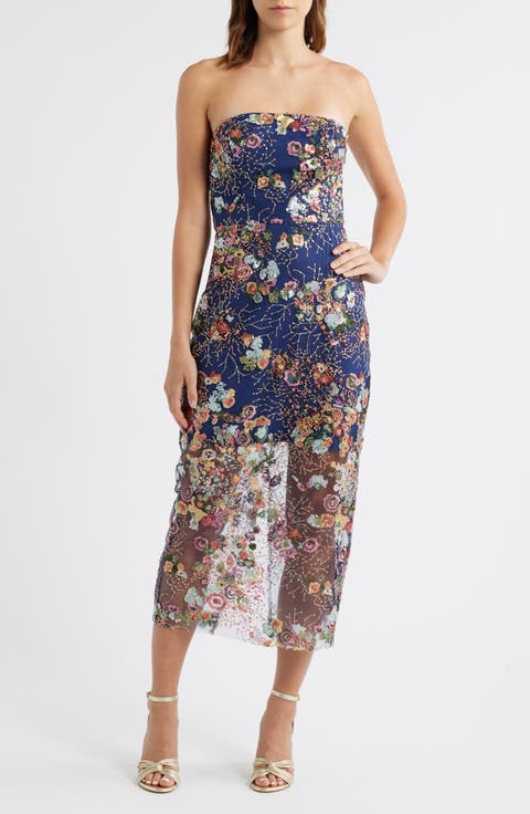 Floral Sequin Strapless Midi Dress
