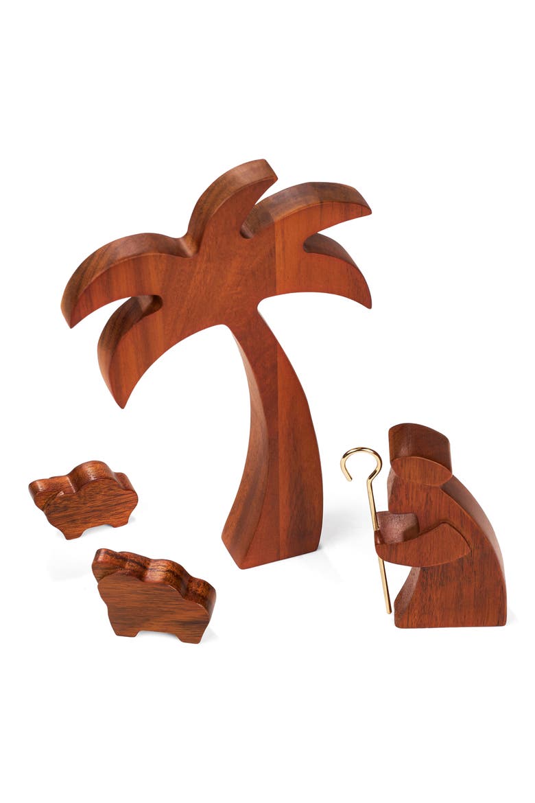 Nativity Four-Piece Wood Shepherd with Lambs & Palm Tree Set, Alternate, color, BROWN