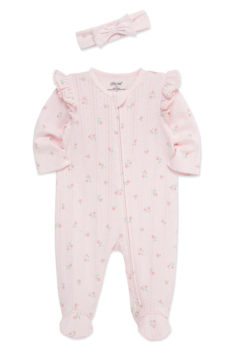 Dainty Roses Cotton Pointelle Footie & Headband Set (Nordstrom Exclusive), Alternate, color, PINK