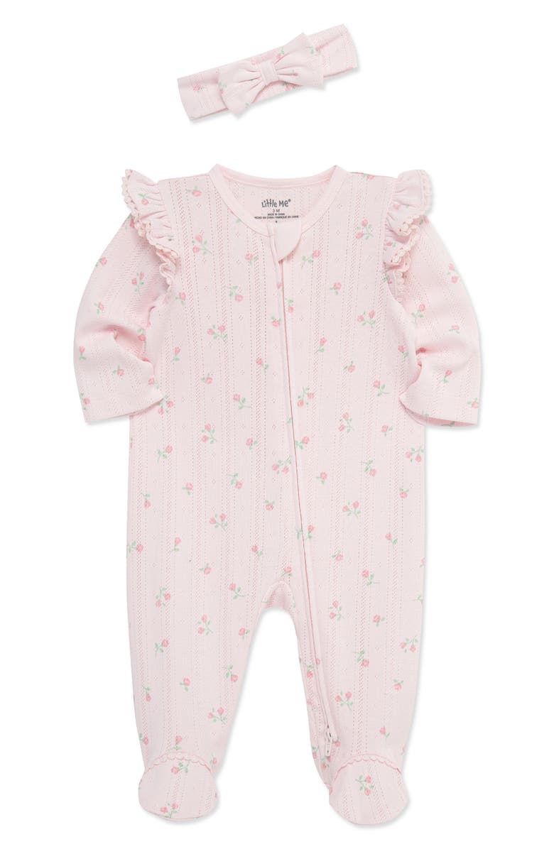 Little Me Dainty Roses Cotton Pointelle Footie & Headband Set, Alternate, color, Pink