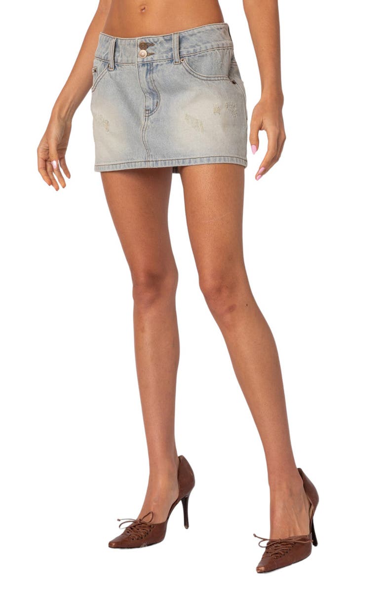 EDIKTED Rumble Low Rise Distressed Denim Miniskirt, Alternate, color,