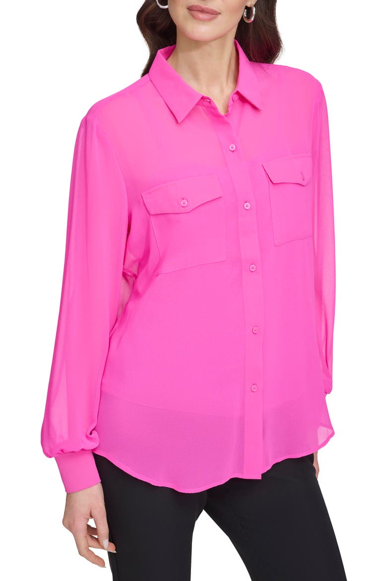 Chiffon Button-Up Shirt, Main, color, SHOCKING PINK