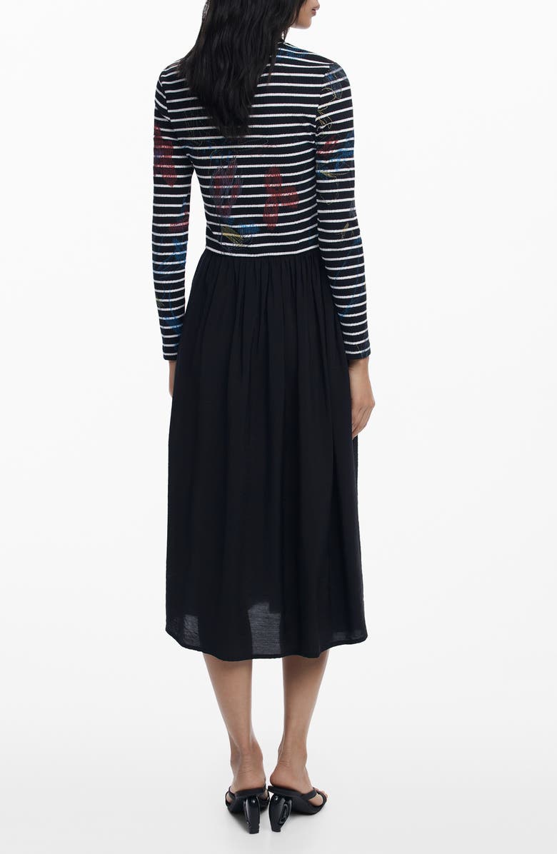 Desigual Long Sleeve Mixed Media Midi Dress, Alternate, color, Black