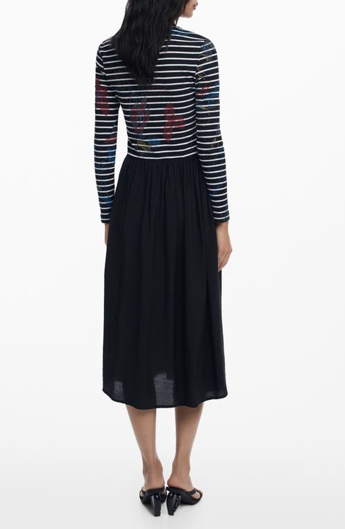 Desigual Long Sleeve Mixed Media Midi Dress In Black