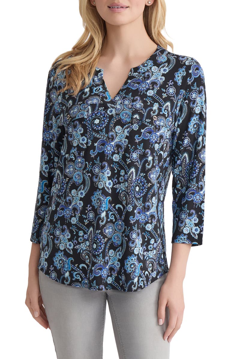 Jones New York Paisley Patch Pocket Crepe Popover Top, Main, color, Jones Black Multi