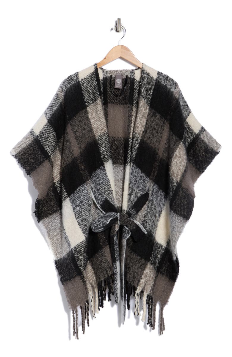 Vince Camuto Brushed Plaid Belted Topper, Alternate, color, Black Grey