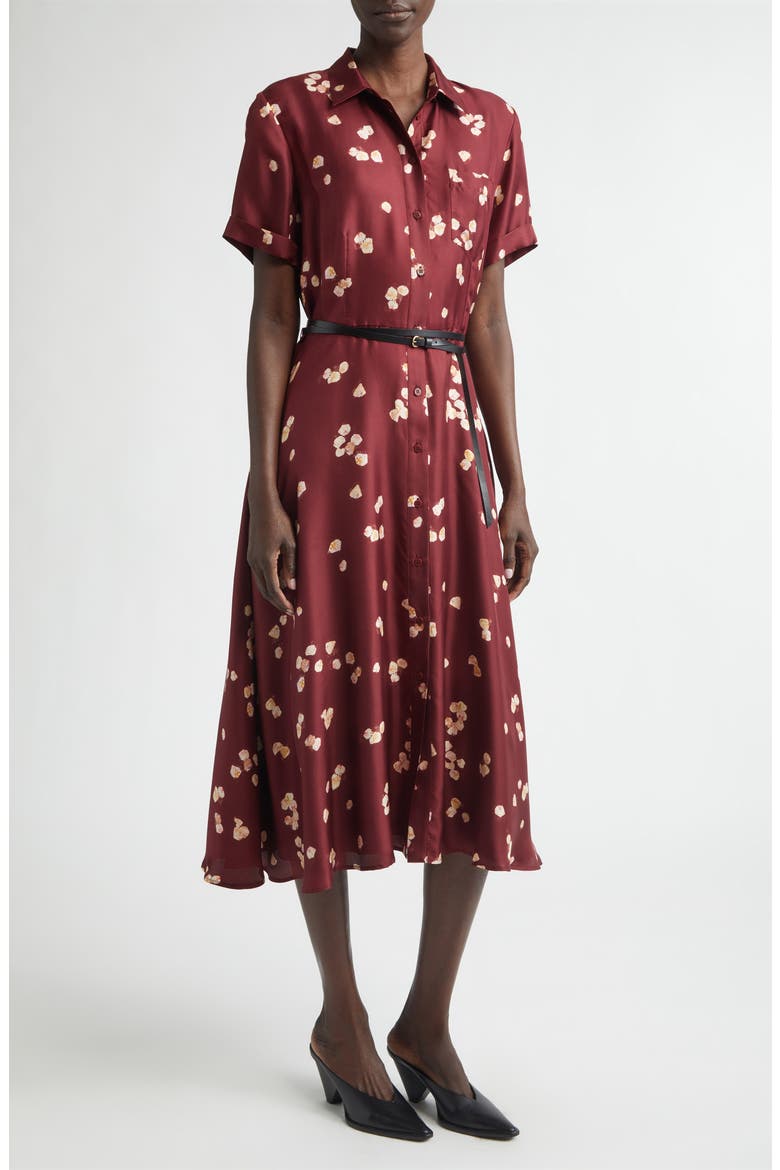 Kiera Petal Print Belted Silk Shirtdress, Main, color, MAROON ALLOVER PETALS