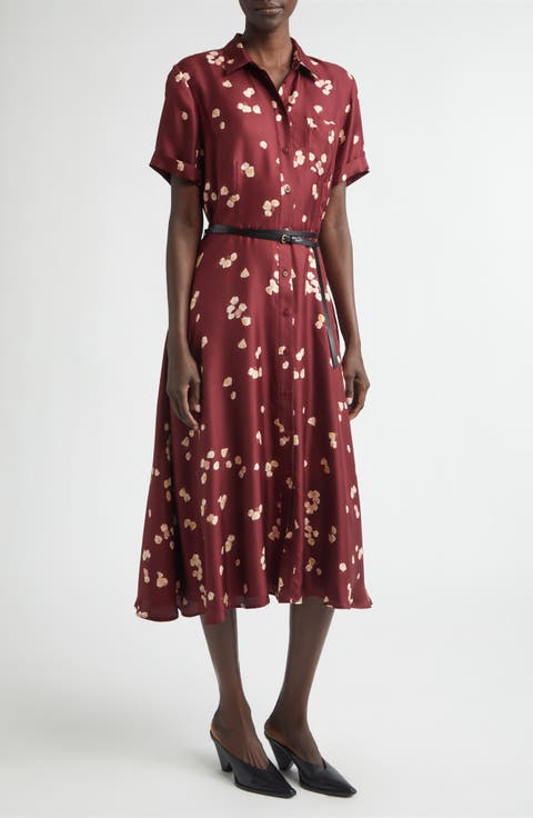 Kiera Petal Print Belted Silk Shirtdress