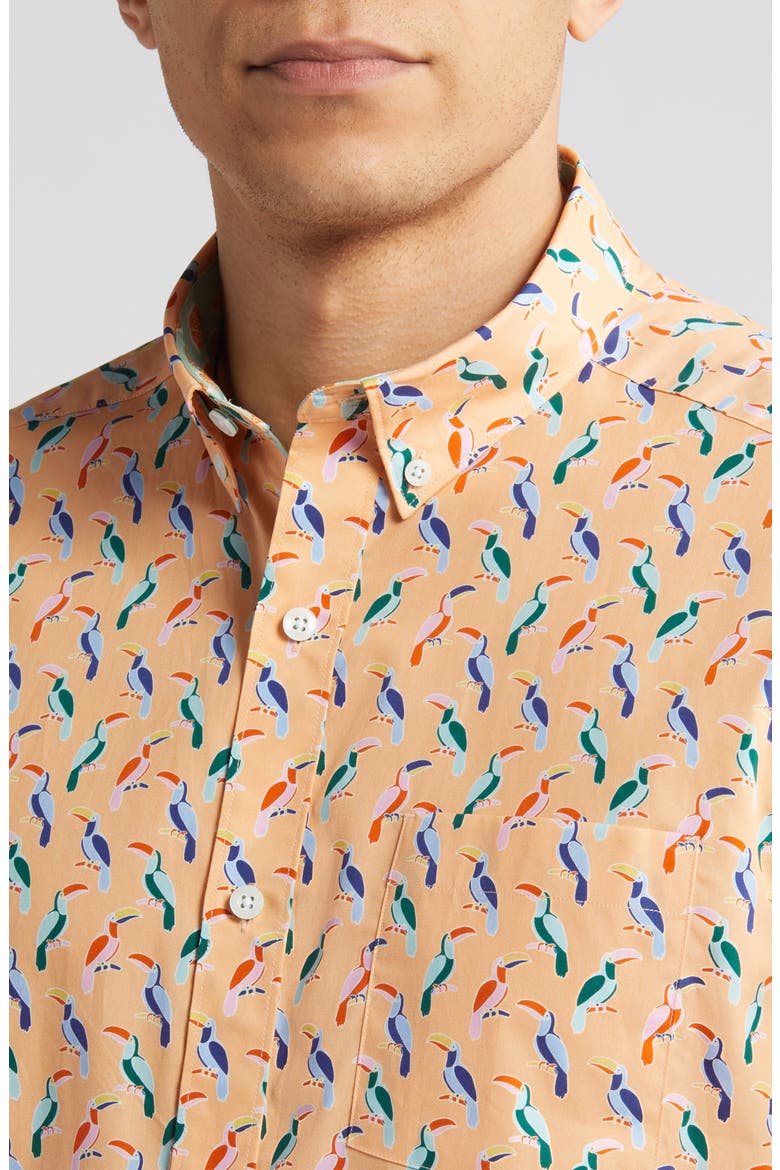 Toucan Print Short Sleeve Cotton Button-Down Shirt, Alternate, color, MELON