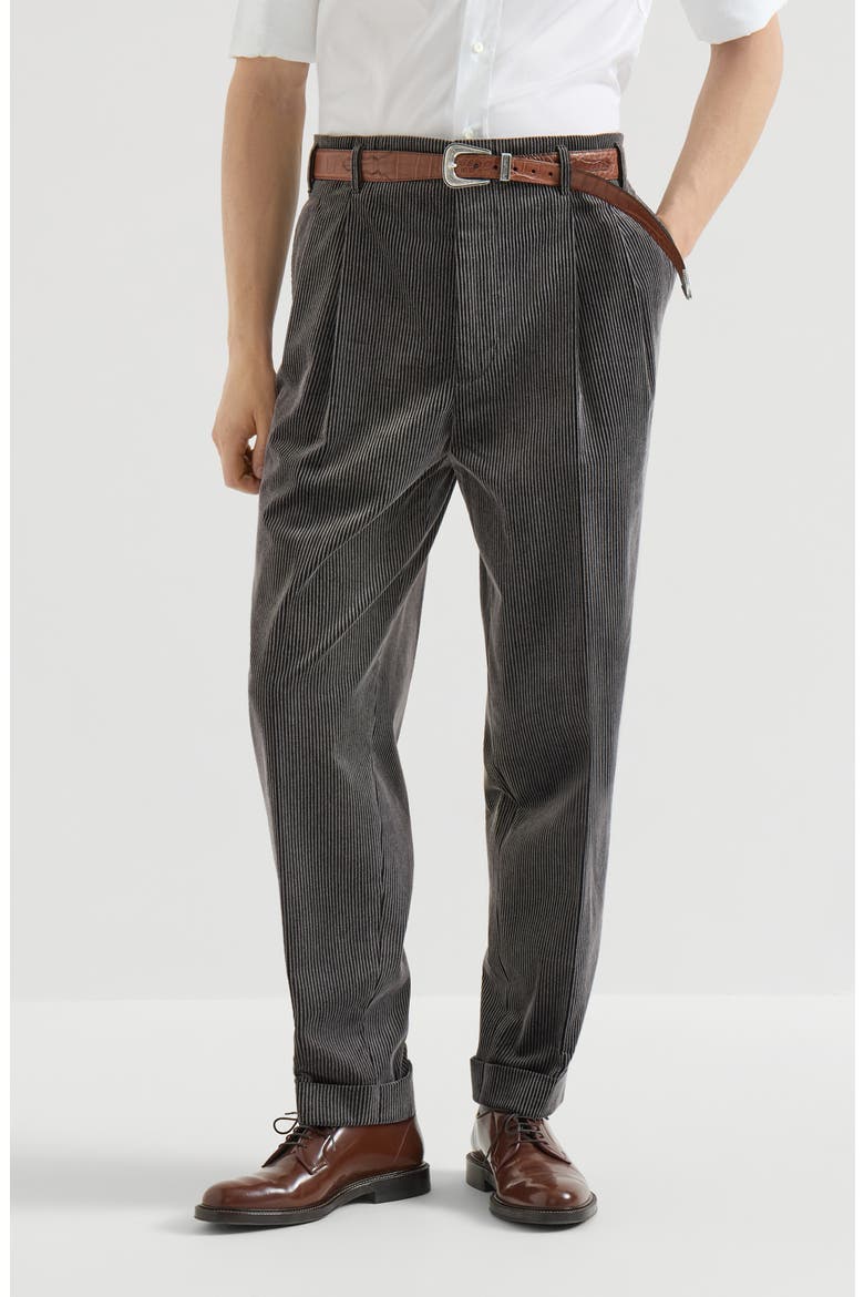 Frosted cotton corduroy trousers with double pleats, Main, color, Grey