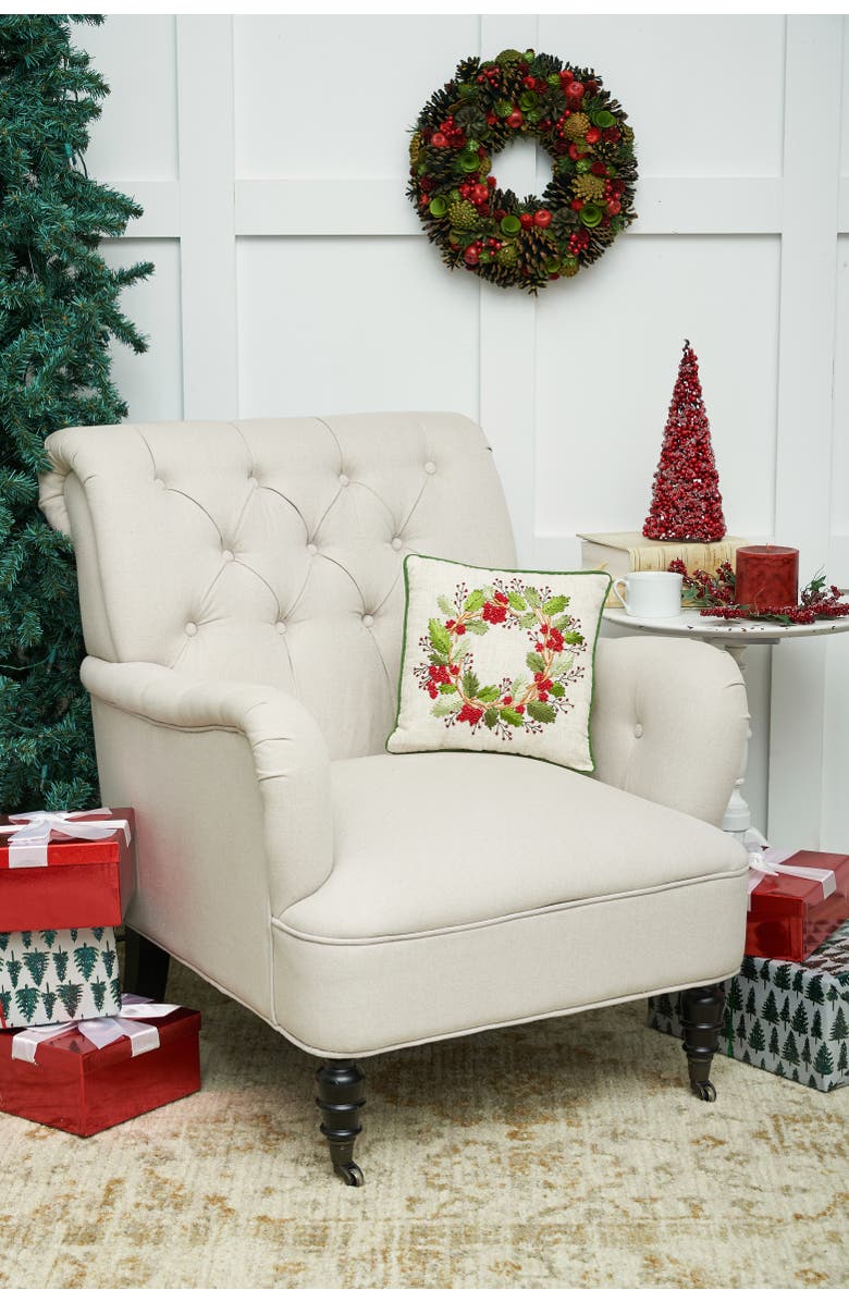 C&F Home Berry Wreath Christmas Botanical Small/Petite Accent Pillow, 12" x 12", Alternate, color, Brown