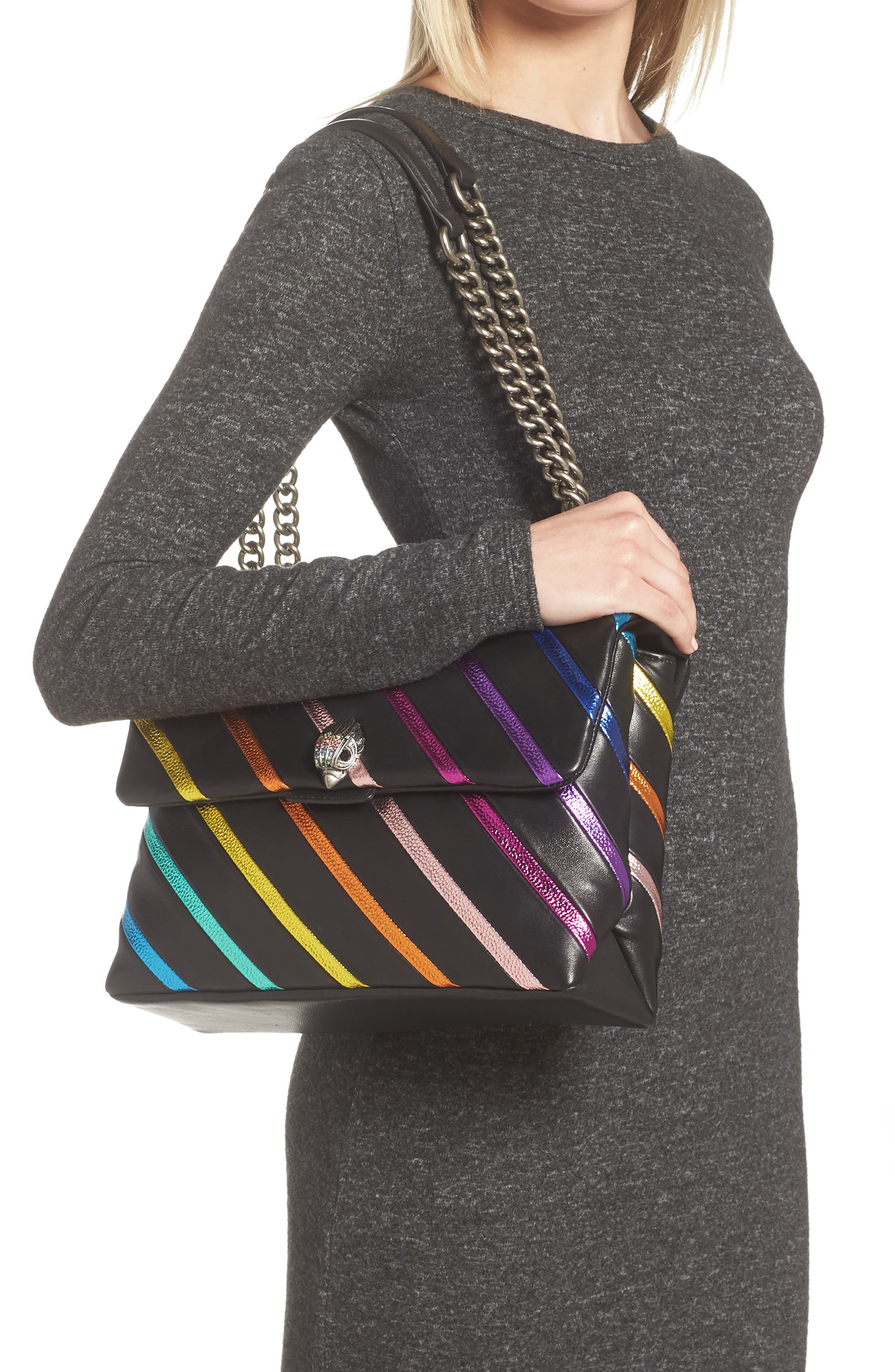 Kurt Geiger London Large Kensington Rainbow Stripe Leather Shoulder Bag, Alternate, color, 