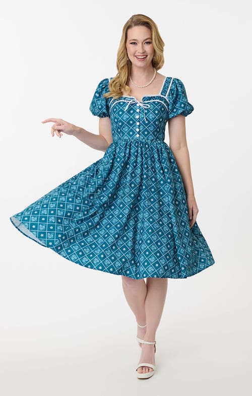 Unique Vintage 1940s Sweetheart Button Front Swing Dress in Turquoise Floral  product