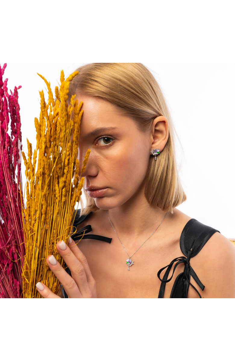 Spero London Pansy Violet Floral Necklace in Sterling Silver, Alternate, color, Silver