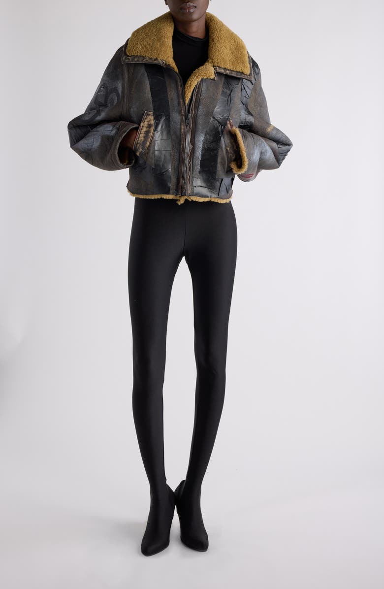 Balenciaga Paint Logo Taped Genuine Shearling Bomber Jacket, Main, color,