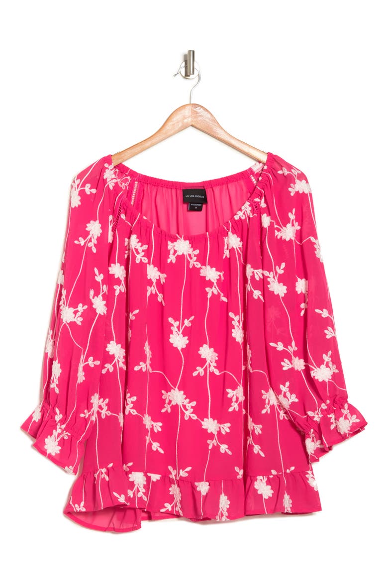 Embroidered Ruffle Trim Blouse, Alternate, color, FUCHSIA/ WHITE