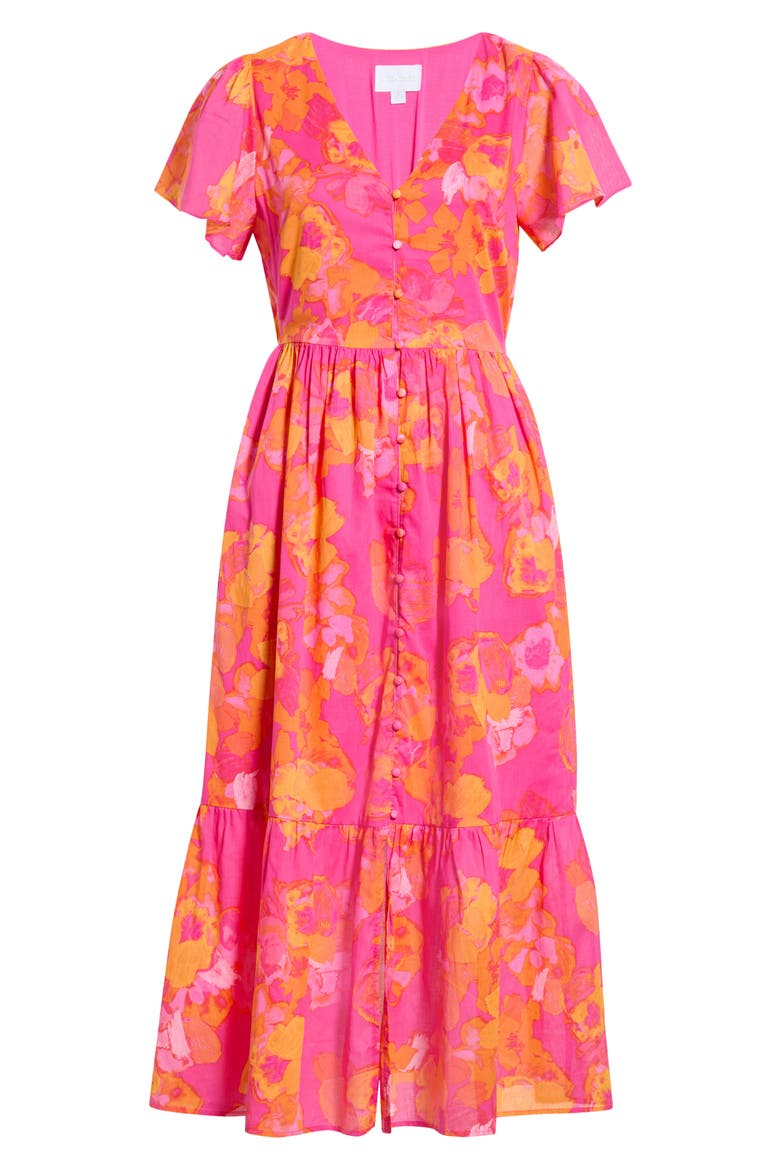 Elaris Floral Blissa Cotton Button-Up Midi Dress, Alternate, color, FUCHSIA-ORANGE-MUL