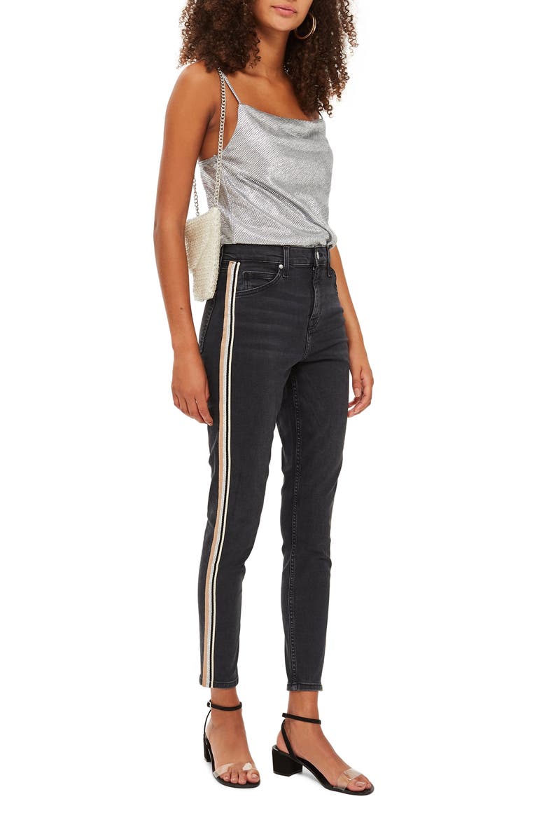 MOTO Stripe Skinny Jeans, Main, color, WASHED BLACK