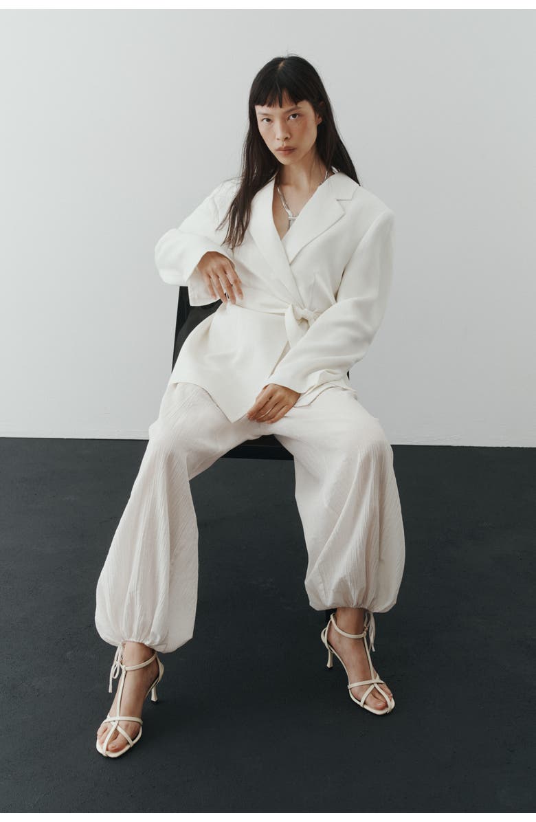 H&M Textured-weave Tie-belt Blazer, Alternate, color, Cream