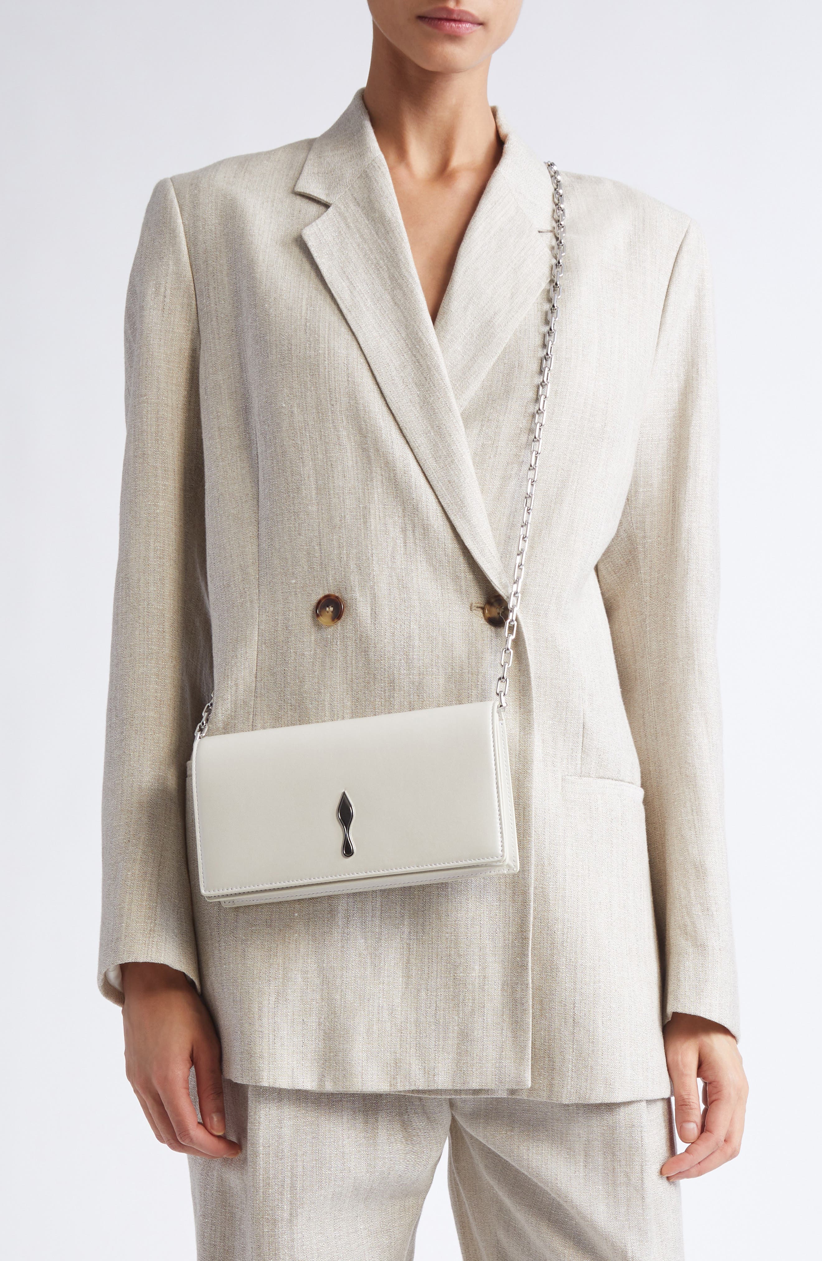 Christian Louboutin Bettina Leather Clutch, Alternate, color, White/ Silver